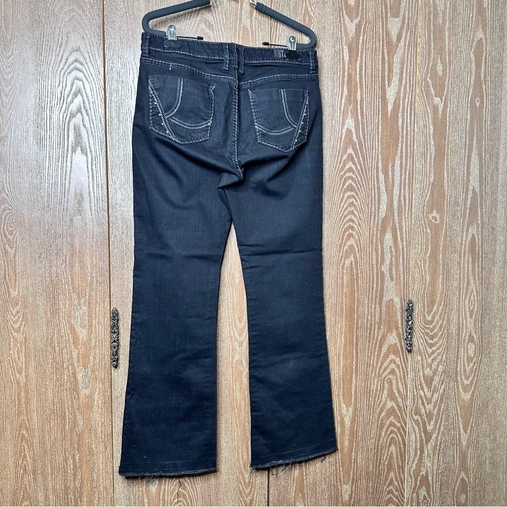 Y2K Embroidered Bootcut Denim Jeans Womens 6 Black Mid Rise Wide Leg Casual Pant - Picture 2 of 11